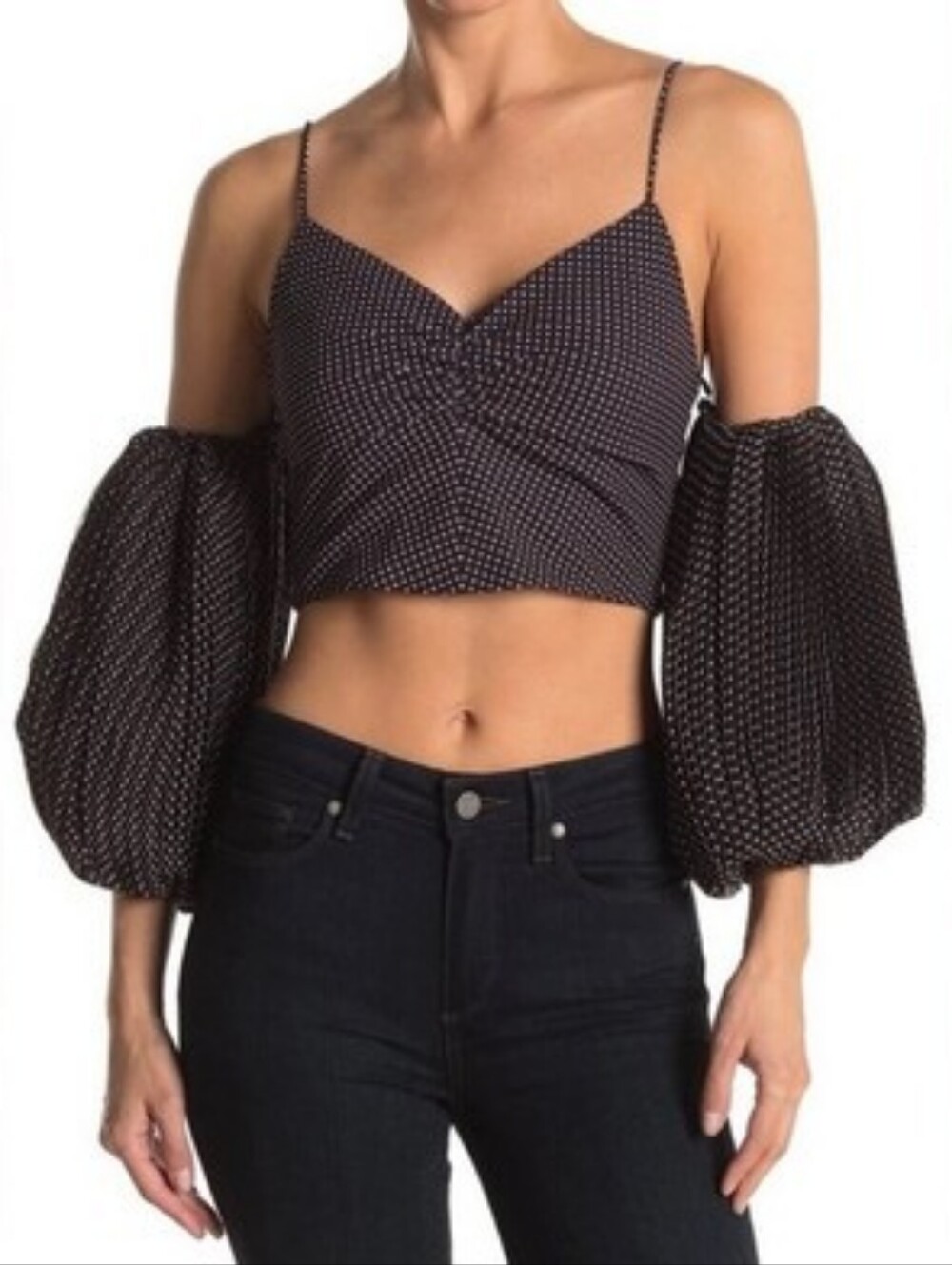 Alice + Olivia Kamila Off-the-Shoulder Crop Top. Black And White Polka Dot